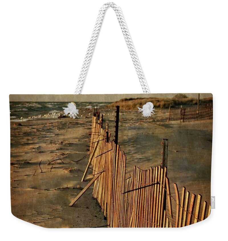 Ludington Weekender Tote Bag featuring the photograph Snow Fence and Lake Michigan by Michelle Calkins