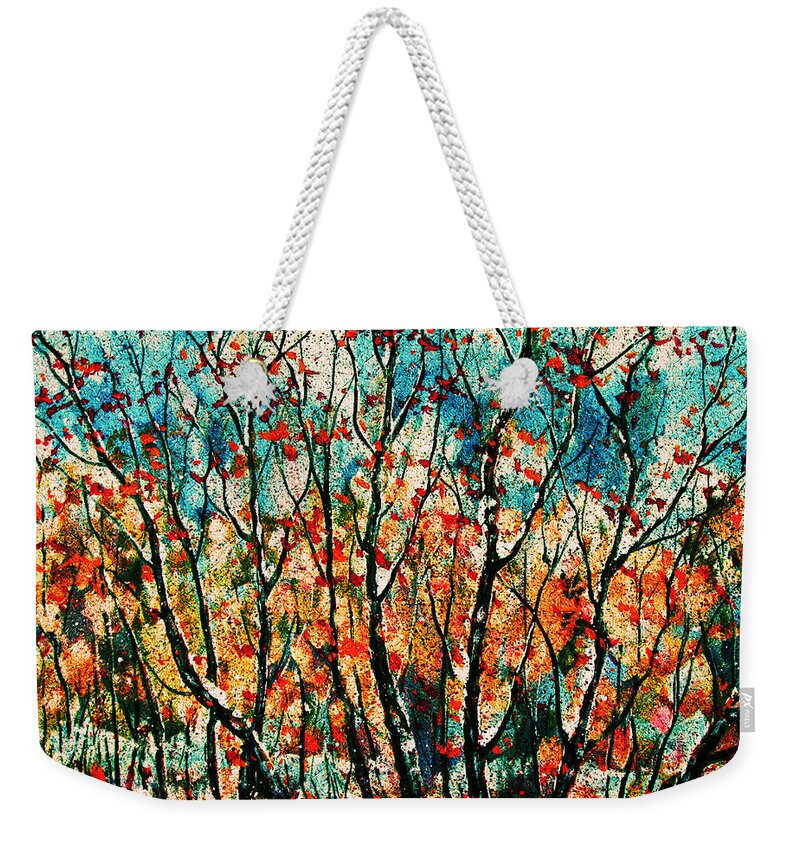 Natalie Holland Art Weekender Tote Bag featuring the painting Snow In Autumn by Natalie Holland