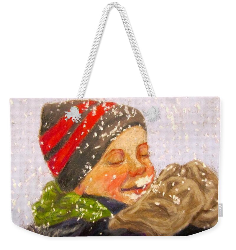 Snow Weekender Tote Bag featuring the pastel Snow Kid by Barbara O'Toole