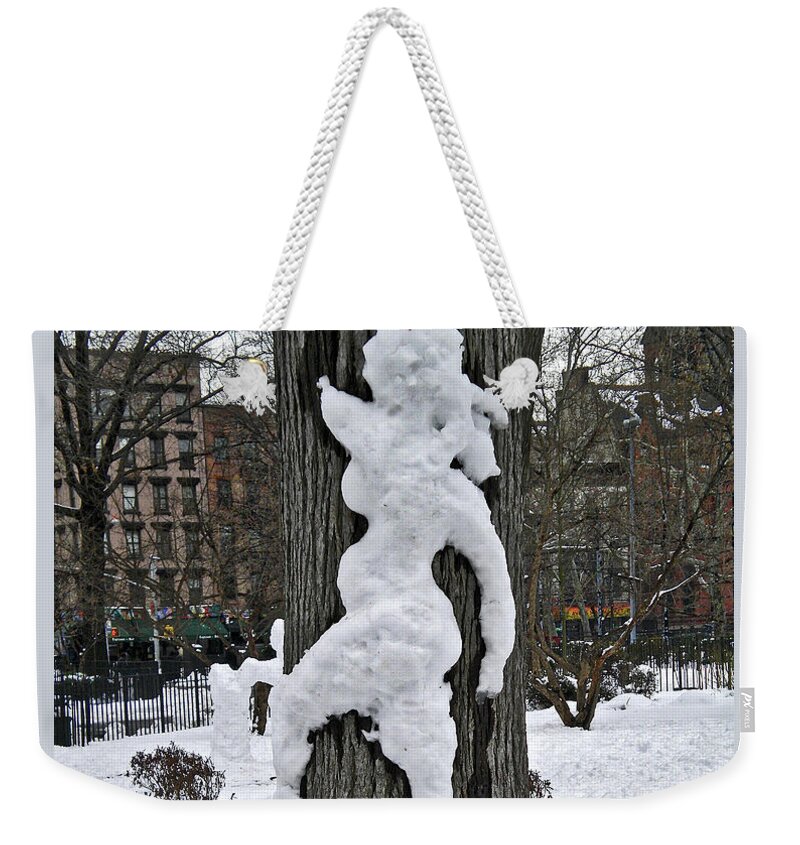 New York Photo Winter Urban Scene Weekender Tote Bag featuring the photograph Snow Lady by Joan Reese