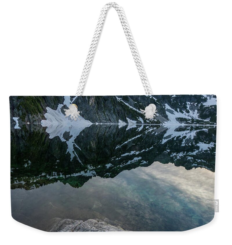 Snow Lake Weekender Tote Bag featuring the photograph Snow Lake Chair Peak Dusk Reflection by Mike Reid