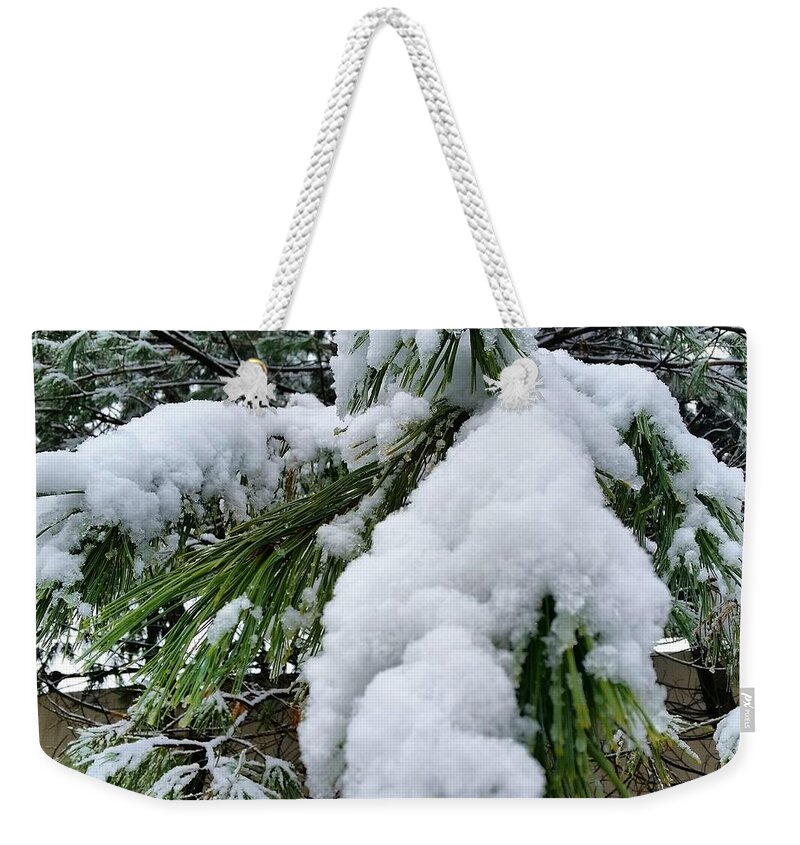 Snow Weekender Tote Bag featuring the photograph Snow on Evergreen Branch by Vic Ritchey