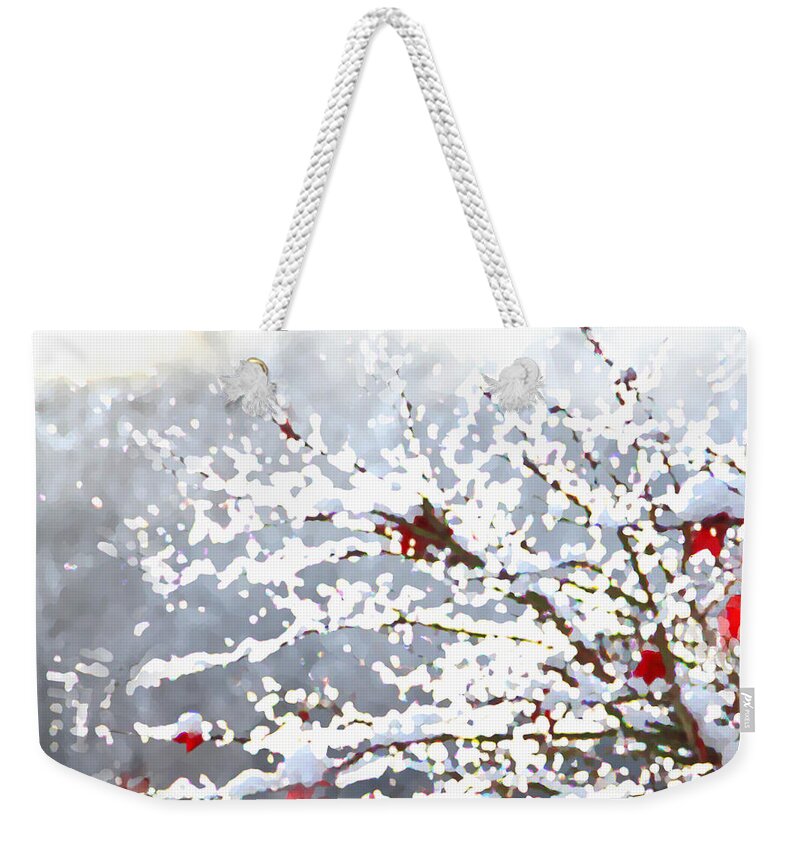 Nature Weekender Tote Bag featuring the mixed media Snow on the Maple by Shelli Fitzpatrick