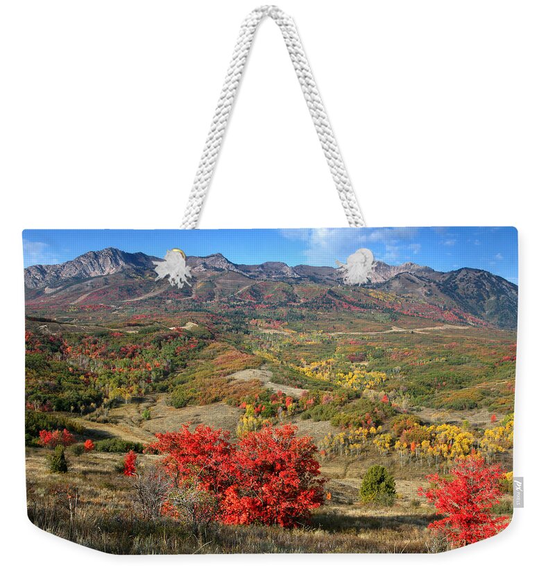 Snowbasin Weekender Tote Bag featuring the photograph Snowbasin and Autumn Colors by Brett Pelletier