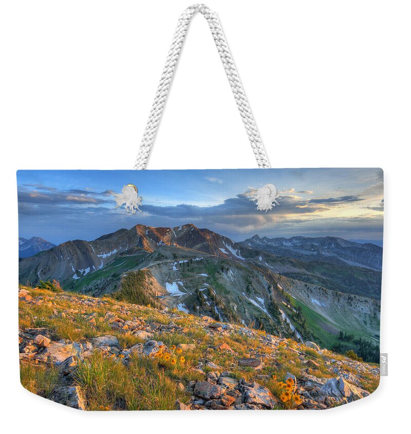 Landscape Weekender Tote Bag featuring the photograph Snowbird Sunset View from Mount Baldy by Brett Pelletier