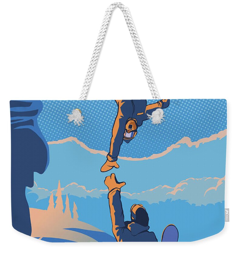 Snowboarding Weekender Tote Bag featuring the painting Snowboard High Five by Sassan Filsoof