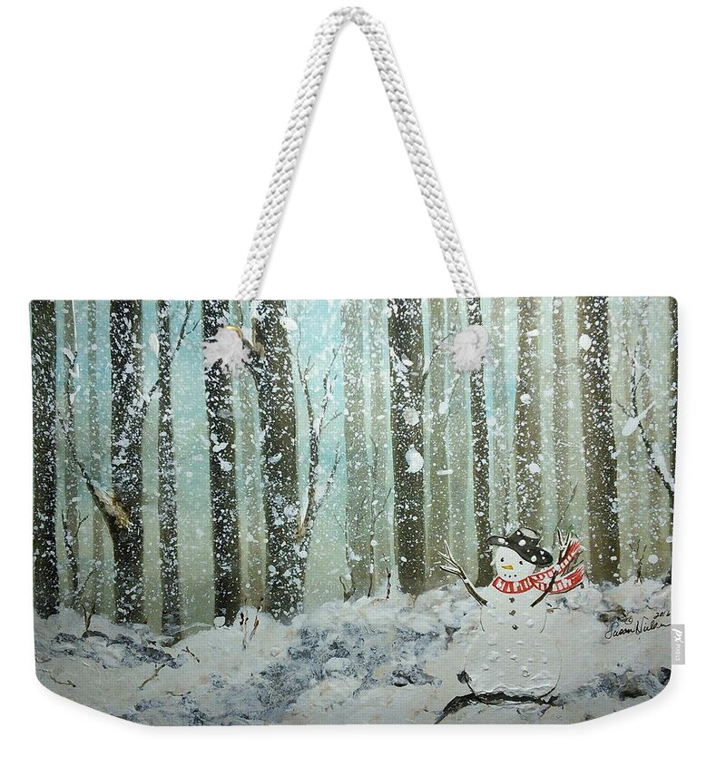  Christmas Weekender Tote Bag featuring the painting Snowman in Blizzard by Susan Nielsen