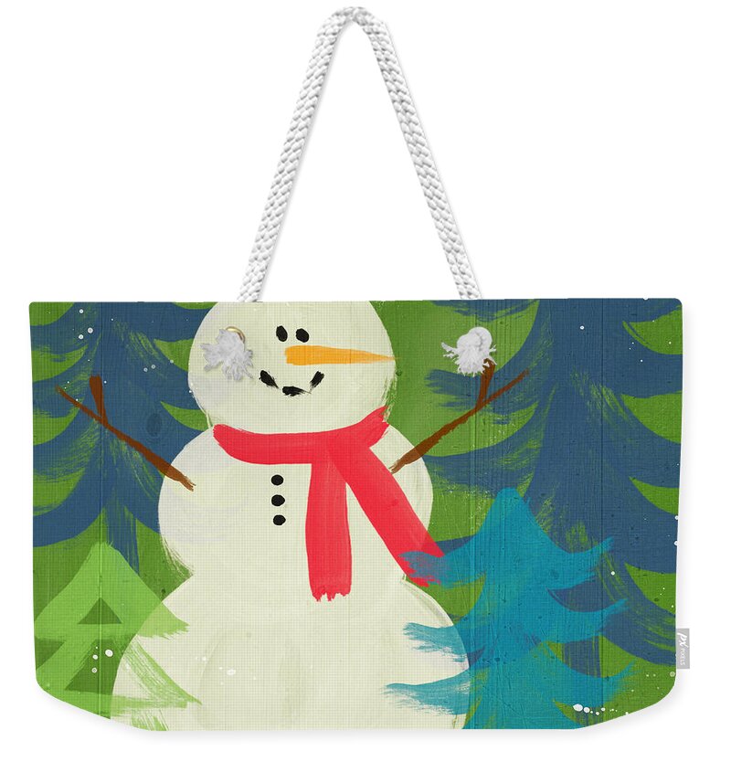 Snowman Weekender Tote Bag featuring the painting Snowman in Red Hat-Art by Linda Woods by Linda Woods