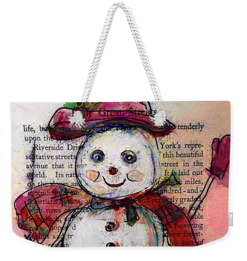 Snowman Weekender Tote Bag featuring the painting Snowman with Red Hat and Mistletoe by Claire Bull