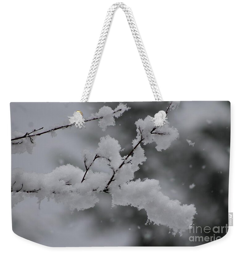 Snowy Weekender Tote Bag featuring the photograph Snowy Branch by Leone Lund