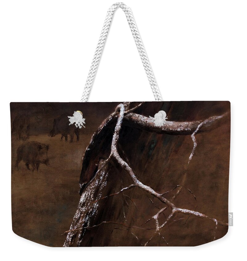 Boar Weekender Tote Bag featuring the painting Snowy Branch with Wild Boars by Attila Meszlenyi