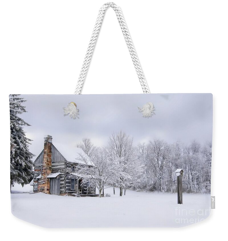 Snow Weekender Tote Bag featuring the photograph Snowy Cabin by Benanne Stiens