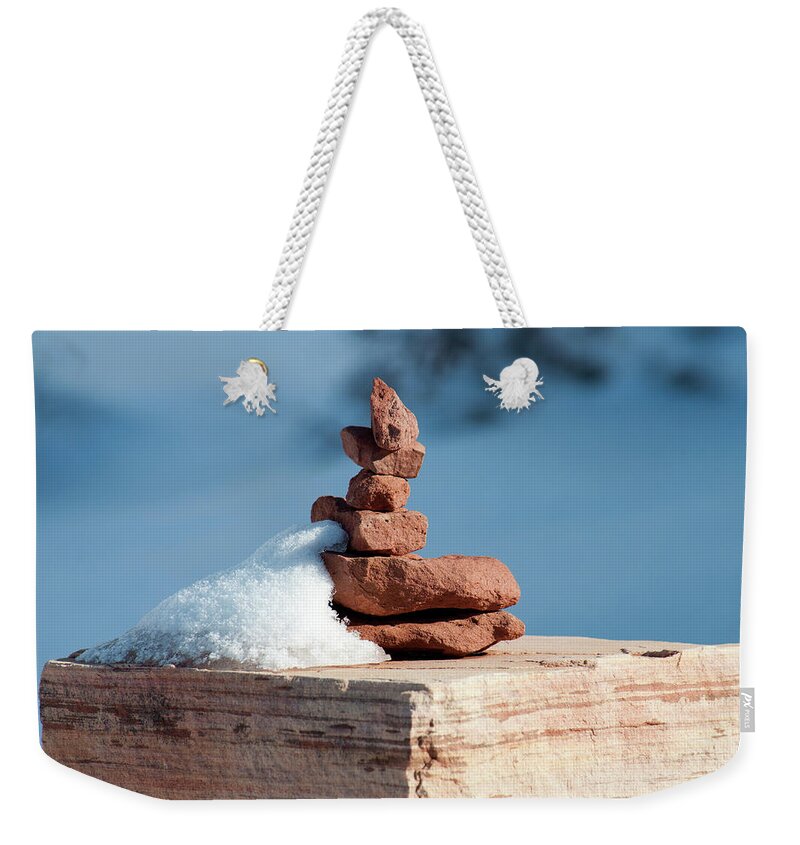 Snow Weekender Tote Bag featuring the photograph Snowy Cairn by Julia McHugh