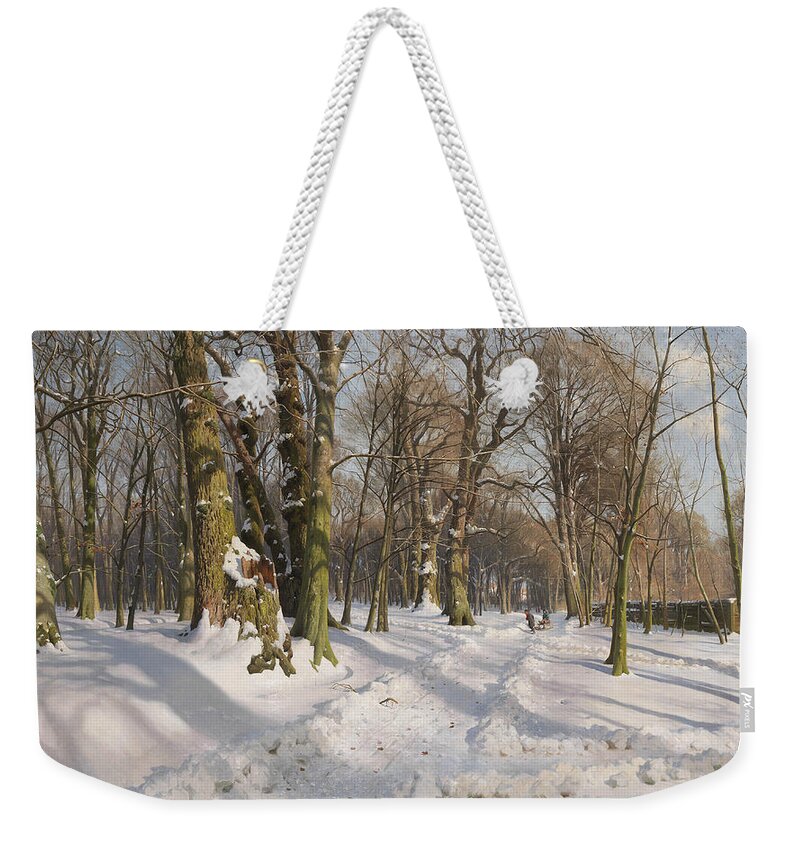 19th Century Art Weekender Tote Bag featuring the painting Snowy forest road in sunlight by Peder Monsted