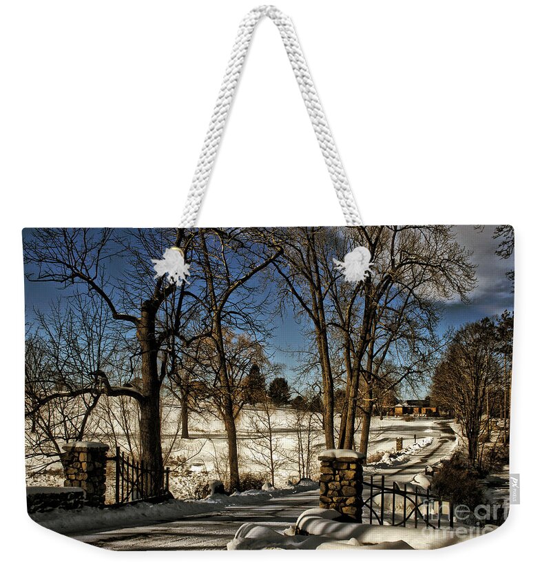 Snow Weekender Tote Bag featuring the photograph Snowy Gates by Onedayoneimage Photography