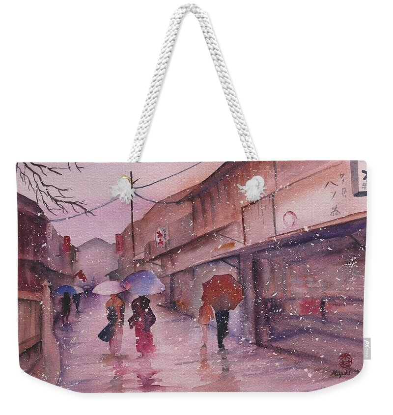 Kyoto Weekender Tote Bag featuring the painting Snowy Kyoto Day by Kelly Miyuki Kimura