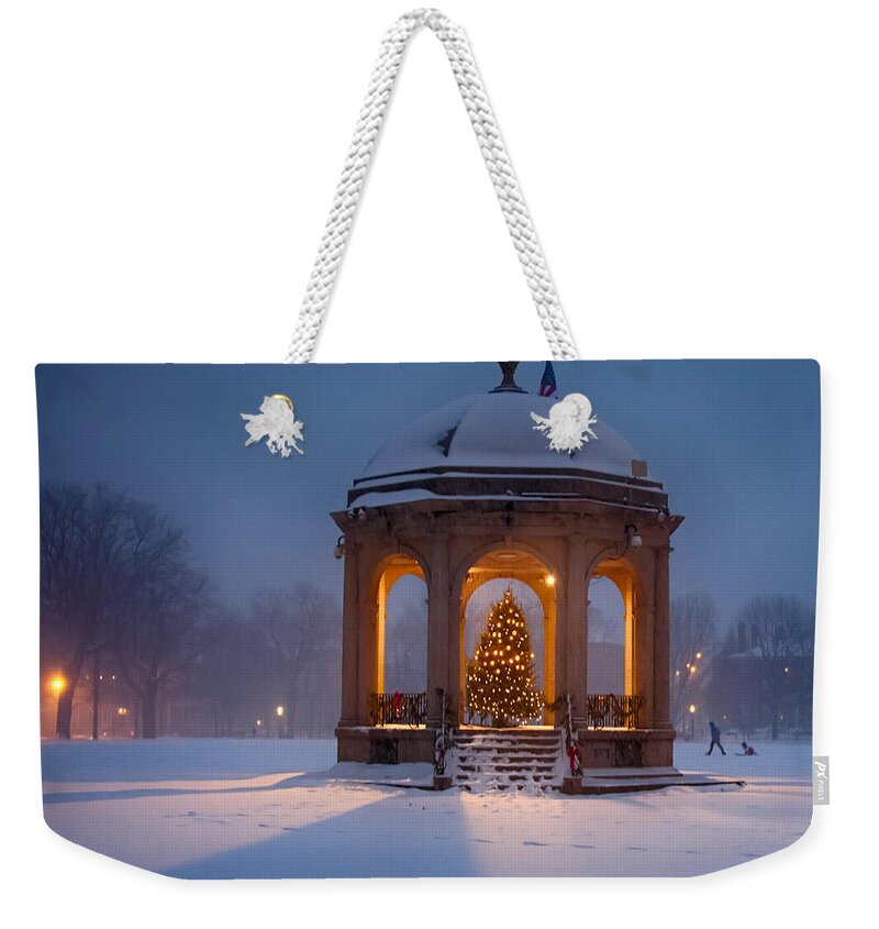 Salem Weekender Tote Bag featuring the photograph Snowy night on the Salem Common by Jeff Folger
