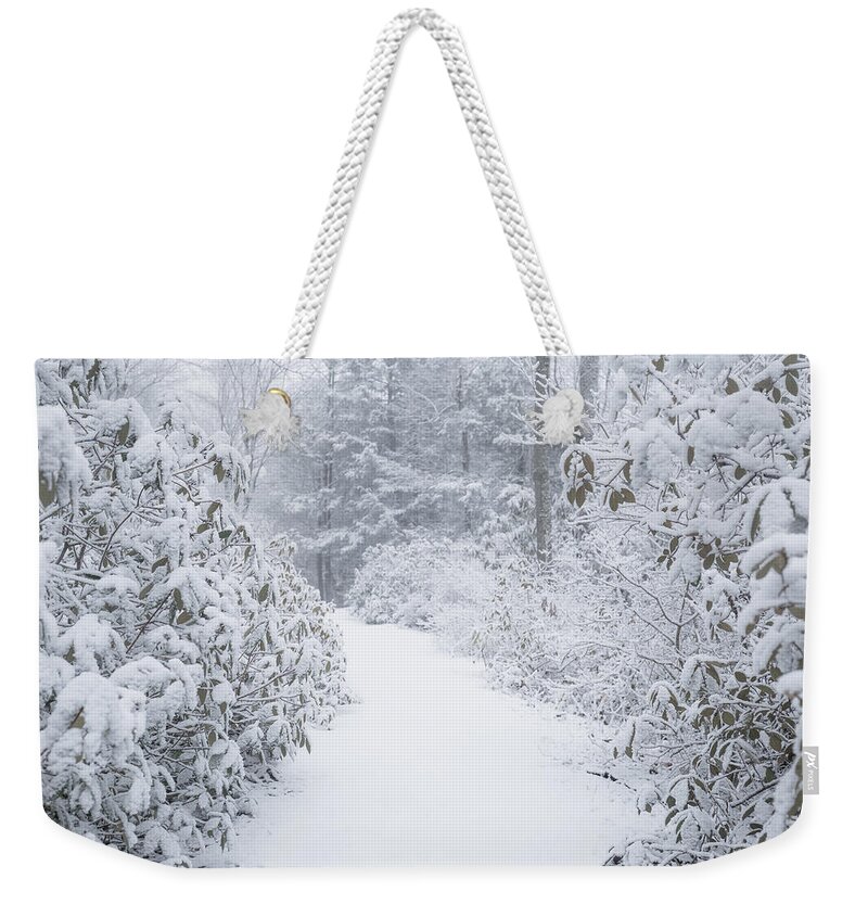 Moore State Park Paxton Ma Massachusetts Winter Snow Ice Icey Snowy Outside Outdoors Nature Natural New England Newengland Usa U.s.a. Forest Woods Secluded Trees Brian Hale Brianhalephoto Path Untraveled Snowing Weekender Tote Bag featuring the photograph Snowy Path by Brian Hale