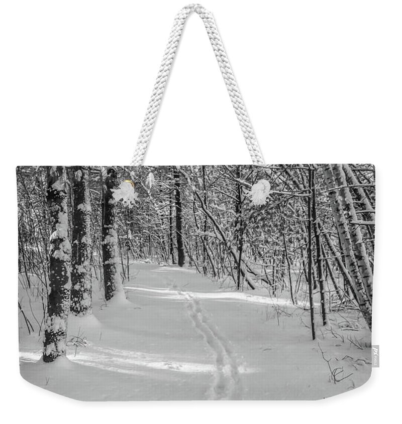 Winter Weekender Tote Bag featuring the photograph Snowy path in the forest by Claudia M Photography
