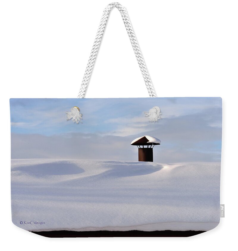 Snowy Roof Weekender Tote Bag featuring the photograph Snowy Roof with Stove Pipe by Kae Cheatham