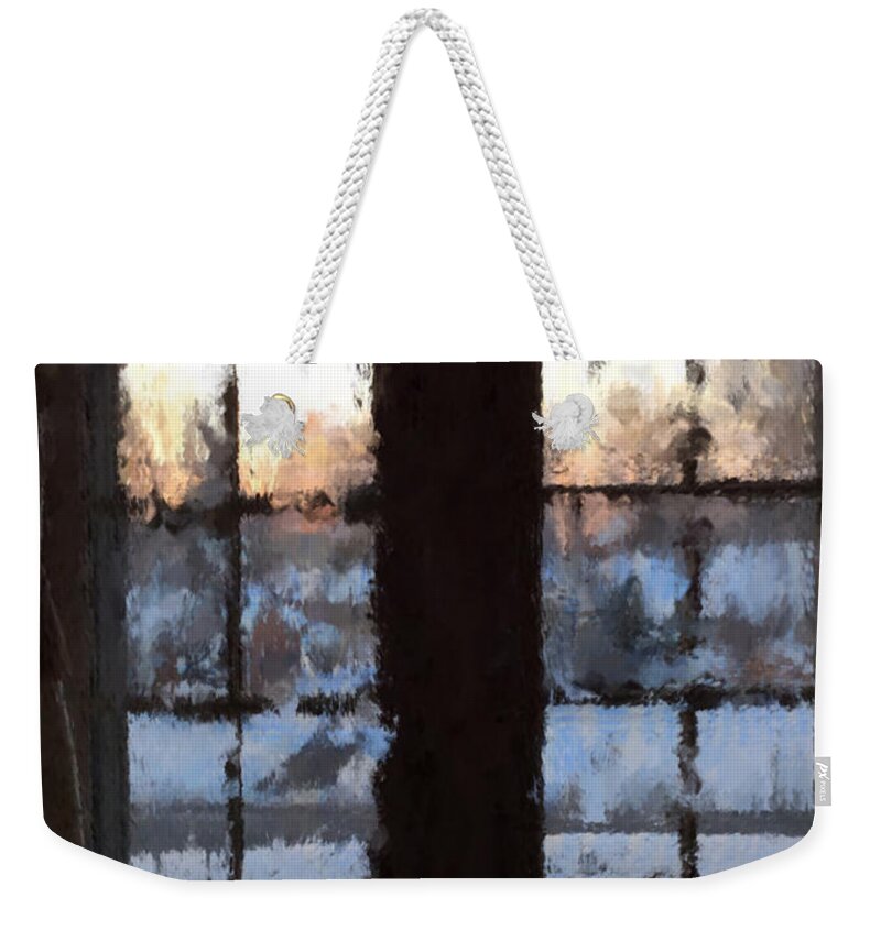 Landscape Weekender Tote Bag featuring the digital art Snowy Sunrise by Janis Kirstein