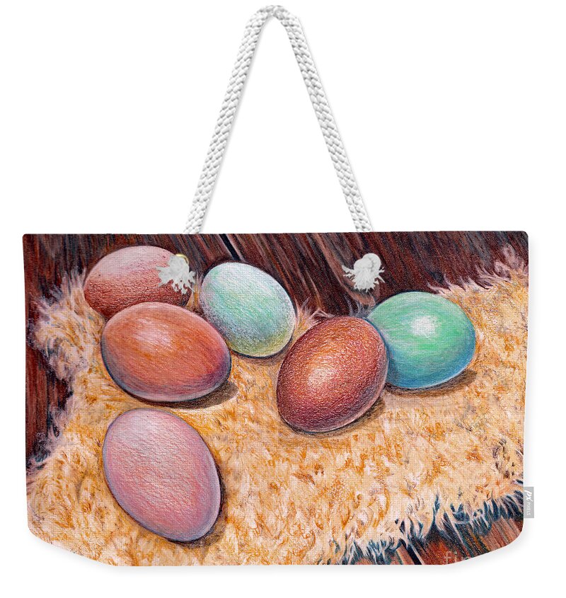 Eggs Weekender Tote Bag featuring the drawing Soft Eggs by Nancy Cupp