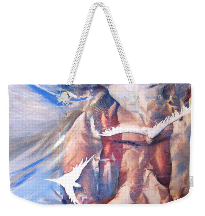 Mixed Media Acrylic Landscape White Birds On Mountains Weekender Tote Bag featuring the painting Soft Flight 2 by Jan VonBokel