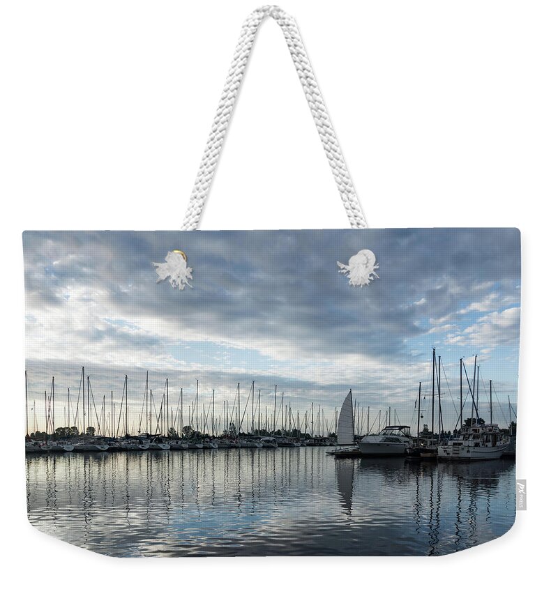 Georgia Mizuleva Weekender Tote Bag featuring the photograph Soft Silver Morning - Reflecting on Sails and Yachts by Georgia Mizuleva