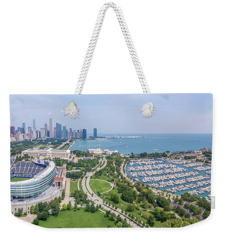Burnham Harbor Weekender Tote Bag featuring the photograph Soldier Field Panorama by Sebastian Musial