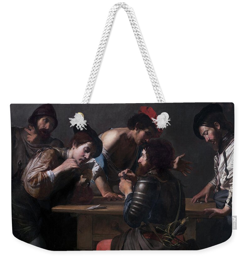 Valentin De Boulogne Weekender Tote Bag featuring the painting Soldiers Playing Cards and Dice by Valentin de Boulogne