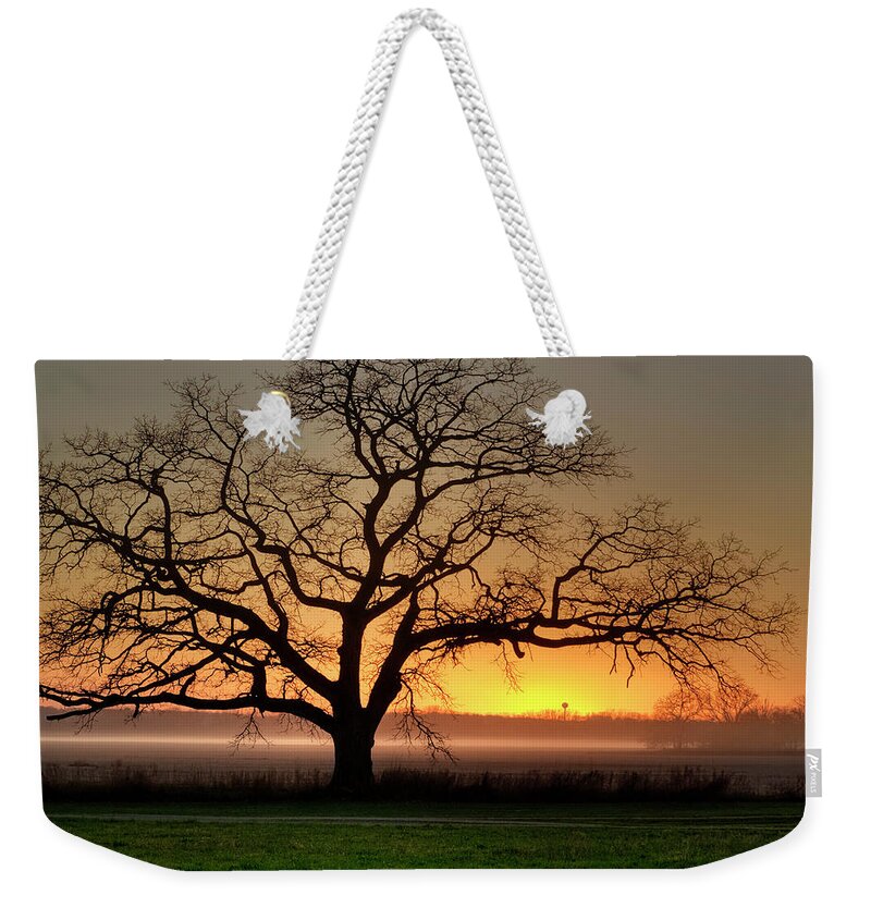 Solitary Oak Tree Sunset Water Tower Water Tower Oregon Wi Wisconsin Mist Fog Haze Autumn Smoke Horizontal Yellow Orange Green Weekender Tote Bag featuring the photograph Solitary Oak near Oregon WI by Peter Herman