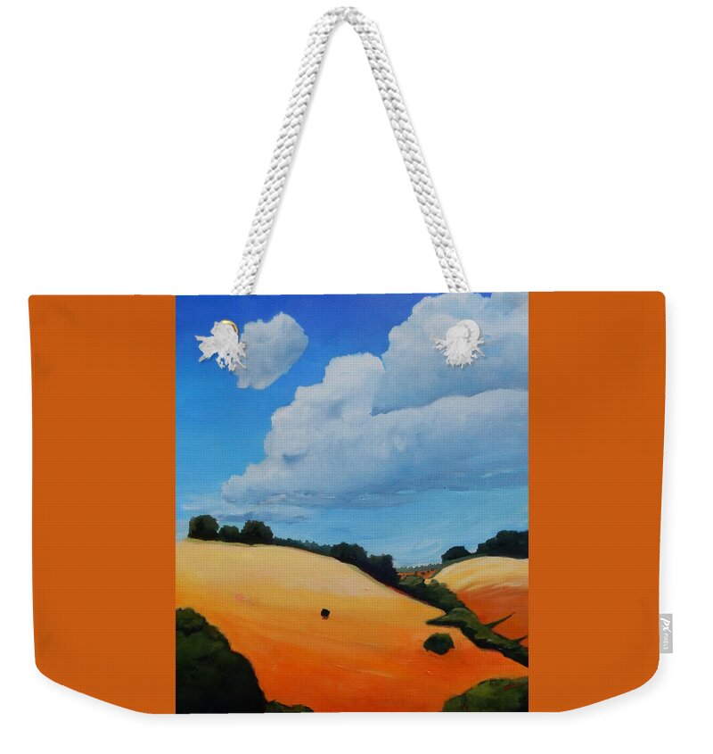 Triptych Weekender Tote Bag featuring the painting Something About Clouds, panel 3 by Gary Coleman