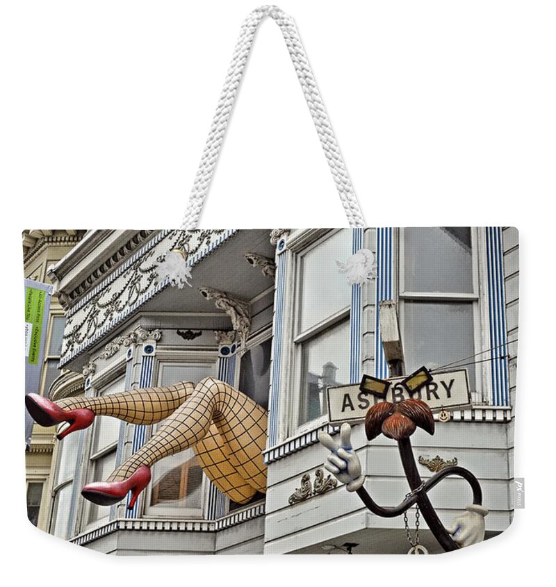 Two Giant Fishnetted Legs Weekender Tote Bag featuring the photograph Something to find only the in the Haight Ashbury by Jim Fitzpatrick