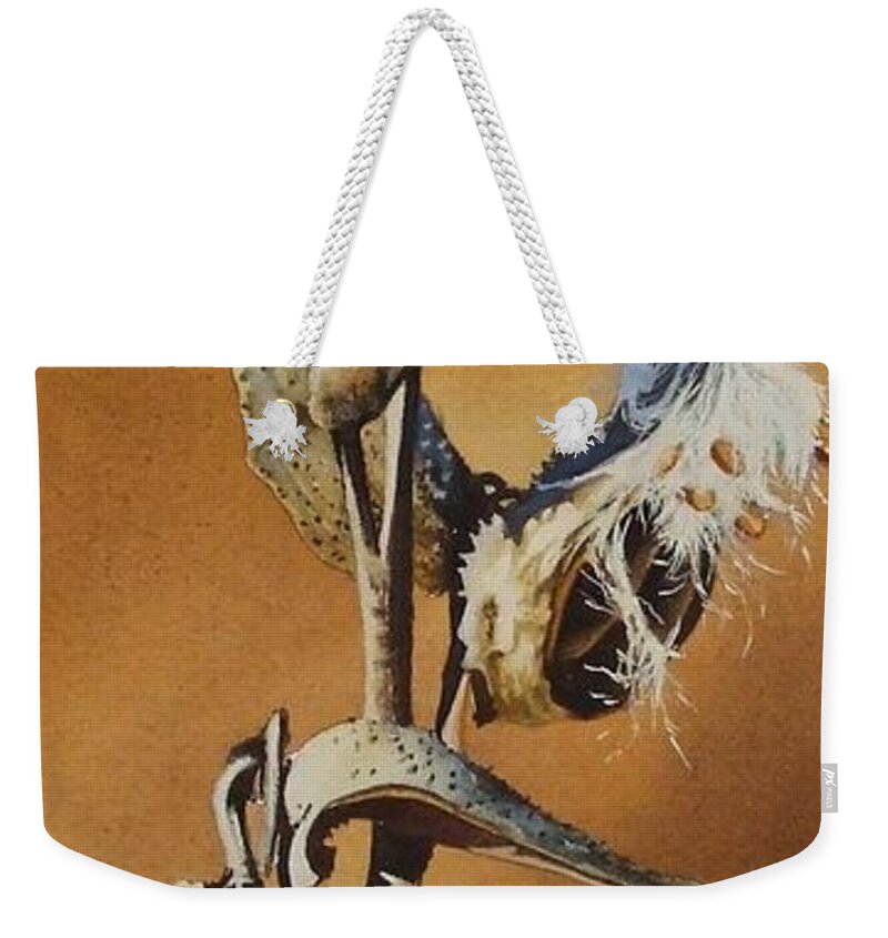 Songsparrow Weekender Tote Bag featuring the painting Song Sparrow and Milkweed by Greg and Linda Halom