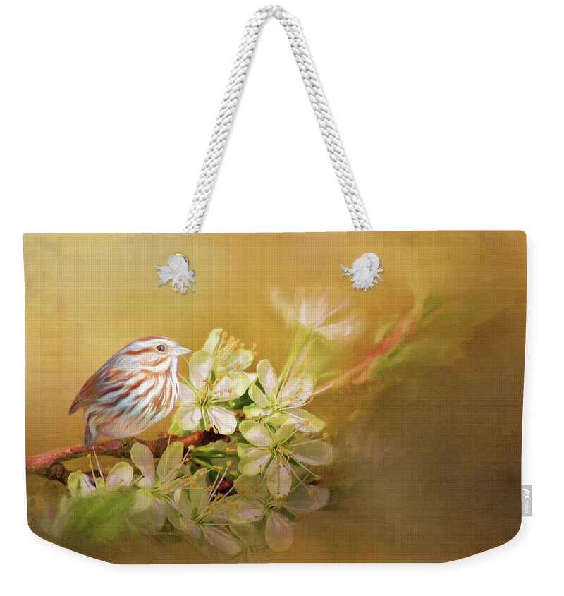 Songbird Weekender Tote Bag featuring the photograph Song Sparrow by Cathy Kovarik