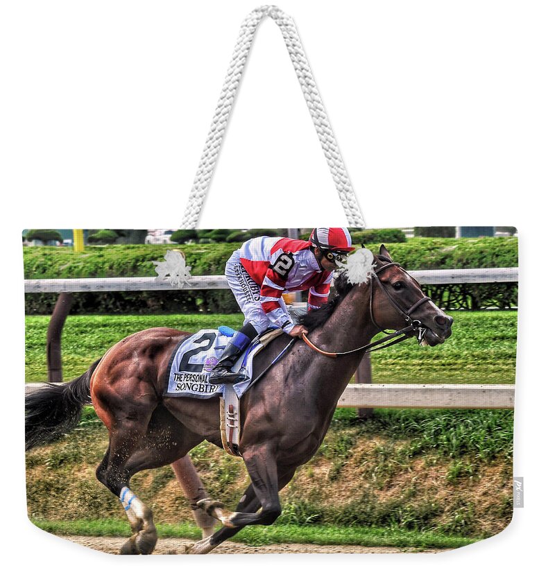 Race Horses Weekender Tote Bag featuring the photograph Songbird with Mike Smith Saratoga August 2017 by Jeffrey PERKINS