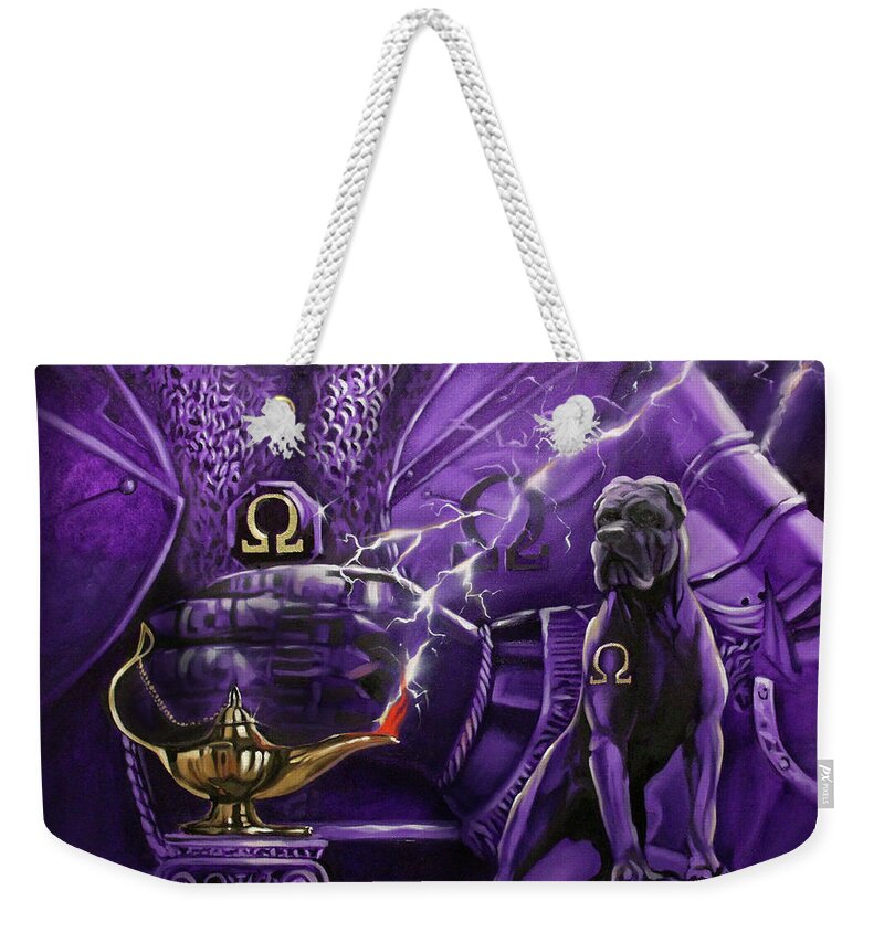 Omega Psi Phi Weekender Tote Bag featuring the painting Sons of Blood and Thunder by Jerome White