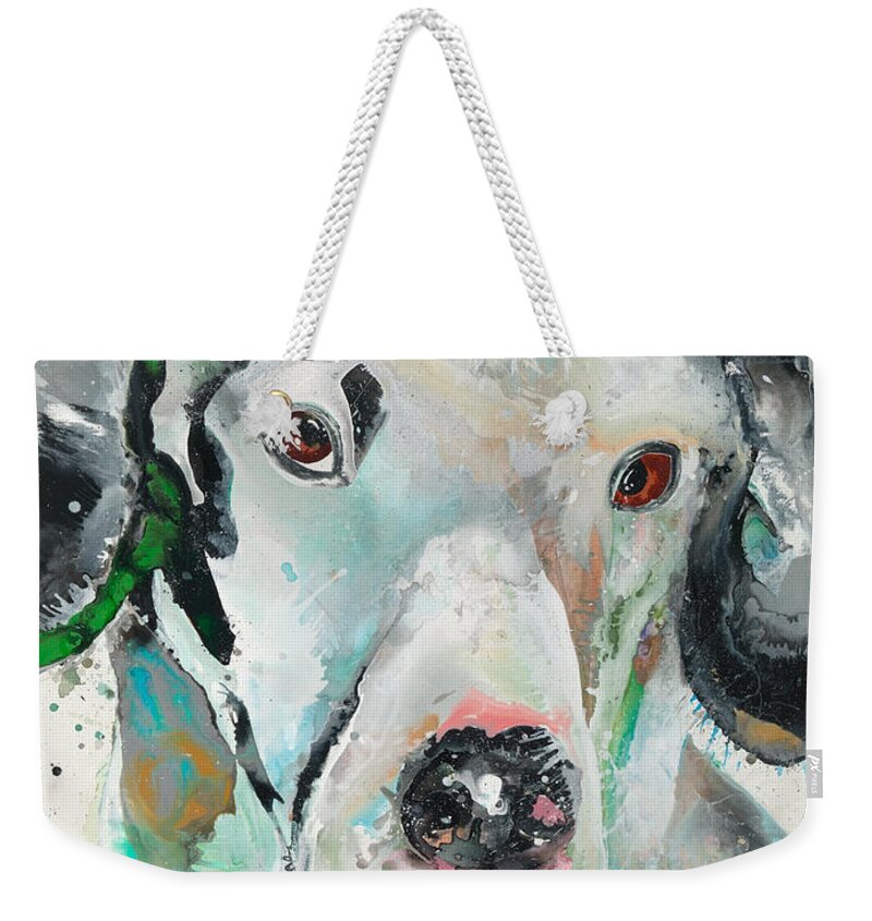 Great Dane Weekender Tote Bag featuring the painting Abbott Guiness Steinberg 7/19/2010 - 8/13/18 by Kasha Ritter