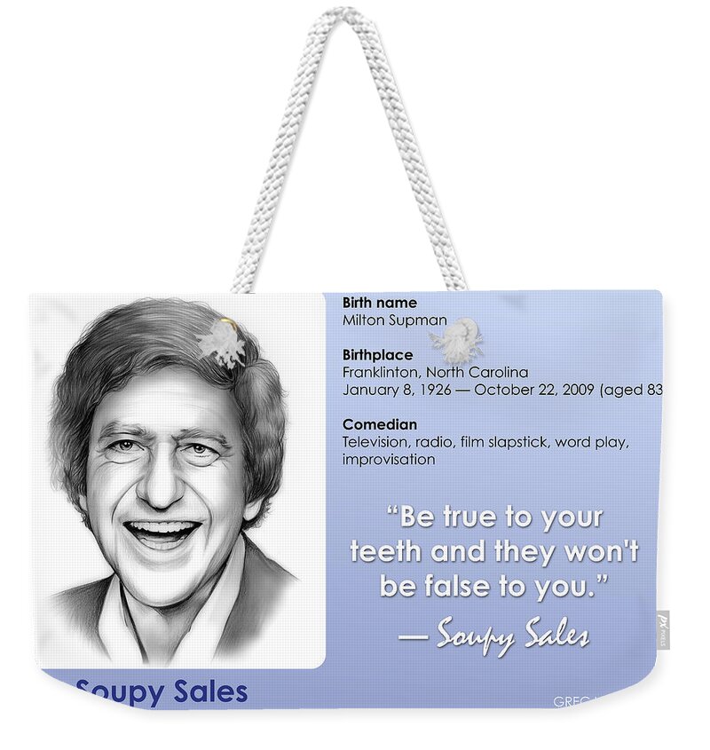 Soupy Sales Weekender Tote Bag featuring the drawing Soupy Quote by Greg Joens