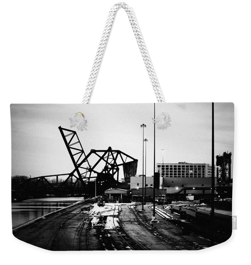 Downtown Weekender Tote Bag featuring the photograph South Loop Railroad Bridge by Kyle Hanson