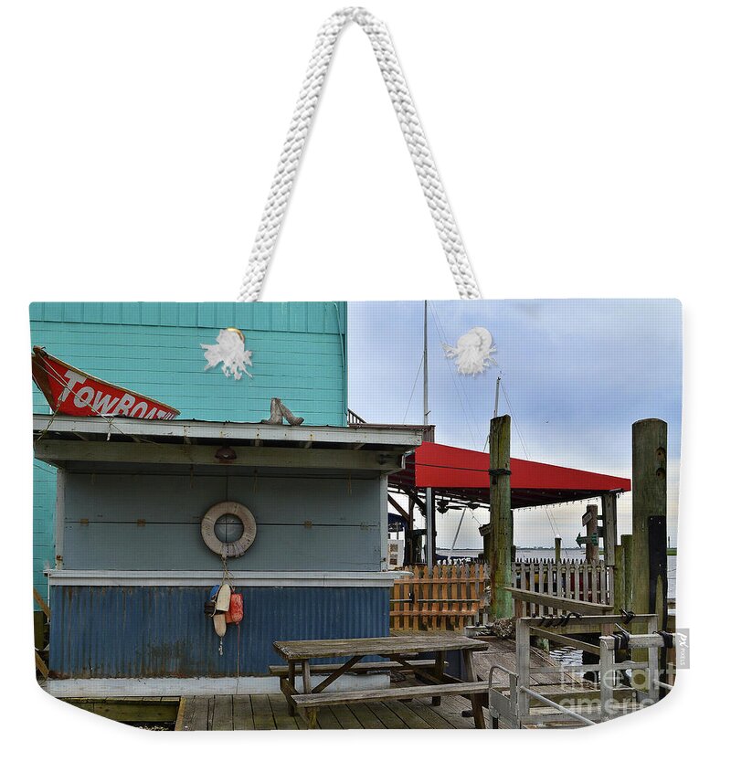 Life Preserver Weekender Tote Bag featuring the photograph Southport Buoys and Pier by Amy Lucid