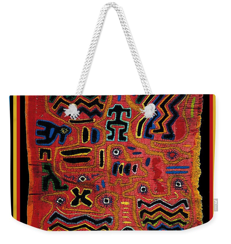 Cuna Indian Mola Weekender Tote Bag featuring the digital art Southwest Petroglyph Two Headed Birds by Vagabond Folk Art - Virginia Vivier