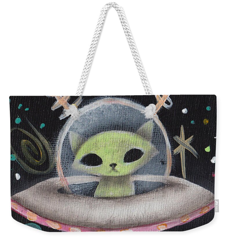 Mid Century Modern Weekender Tote Bag featuring the painting Space Ship Green Cat by Abril Andrade