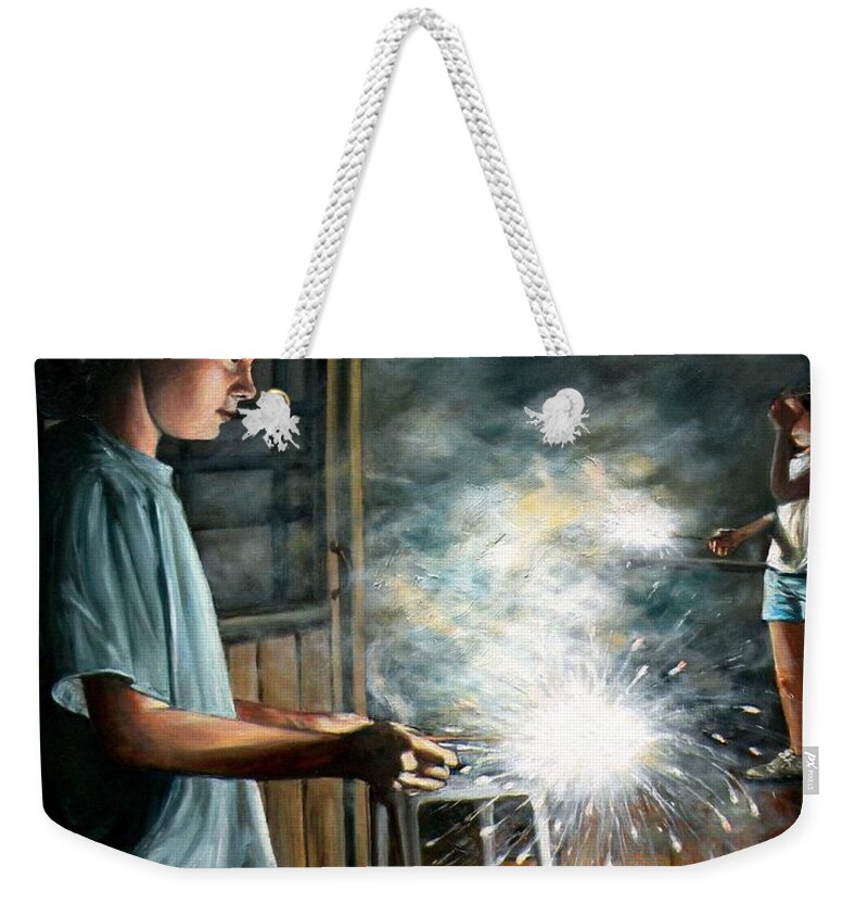 Summer Weekender Tote Bag featuring the painting Sparklers On The Porch by Eileen Patten Oliver