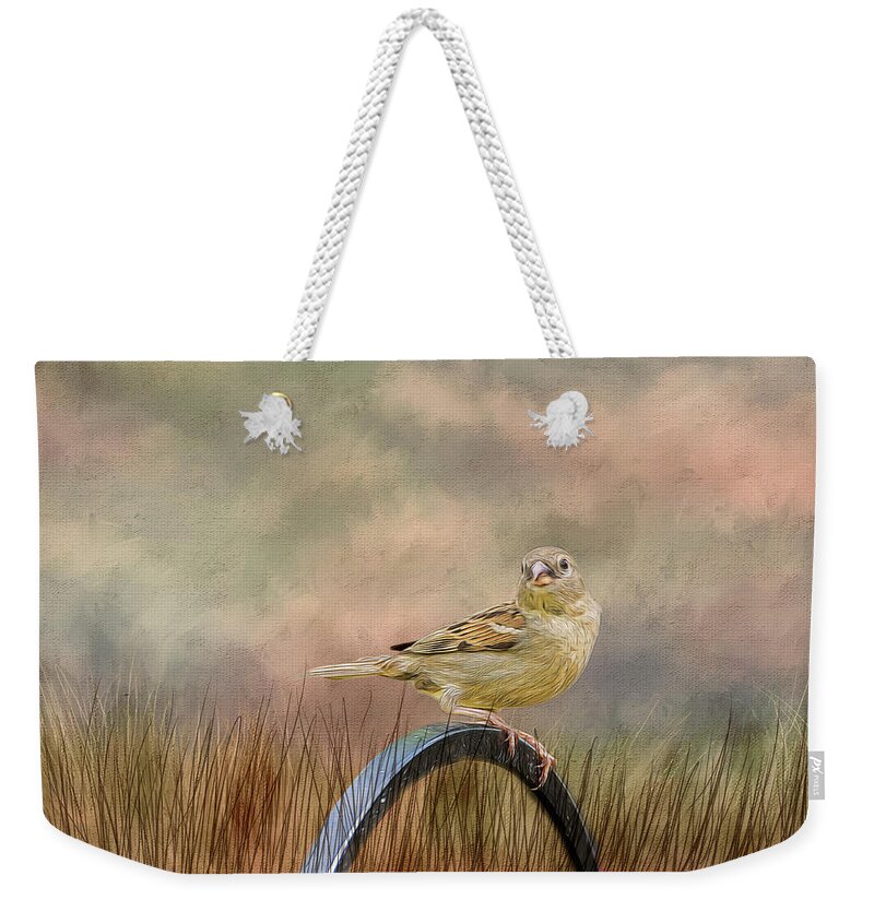 Sparrow Weekender Tote Bag featuring the photograph Sparrow in the Grass by Cathy Kovarik