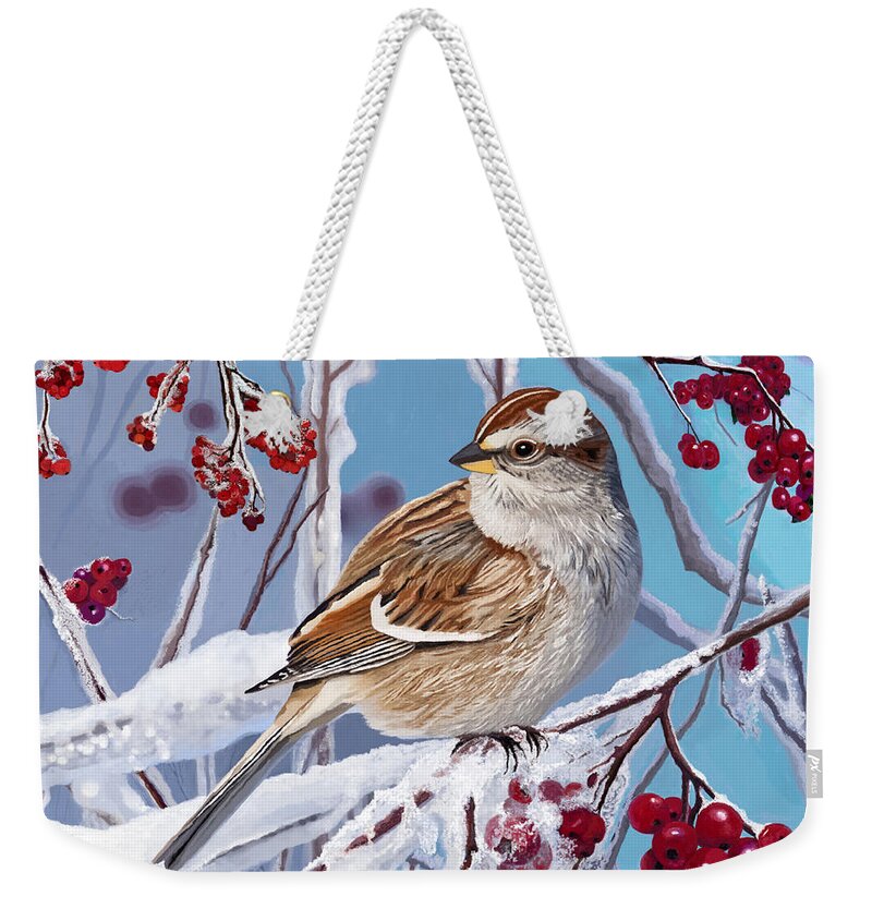 Sparrow Weekender Tote Bag featuring the painting Sparrow in Winter by Jackie Case