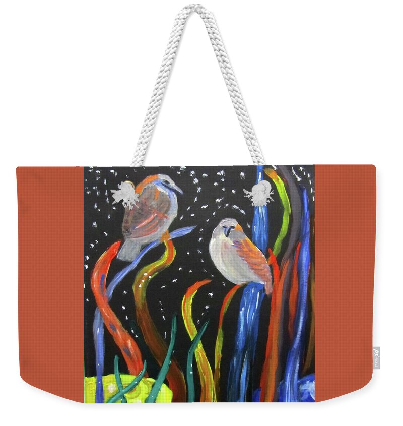 Sparrows Weekender Tote Bag featuring the painting Sparrows inspired by Chihuly by Linda Feinberg