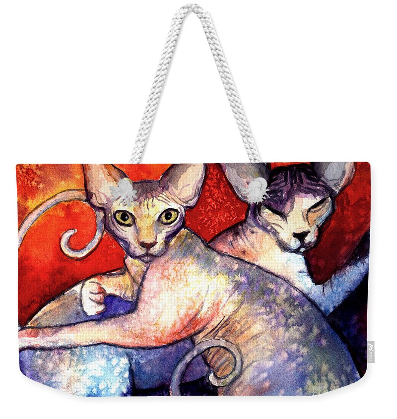 Sphynx Cat Picture Weekender Tote Bag featuring the painting Sphynx cats sphinx family painting by Svetlana Novikova