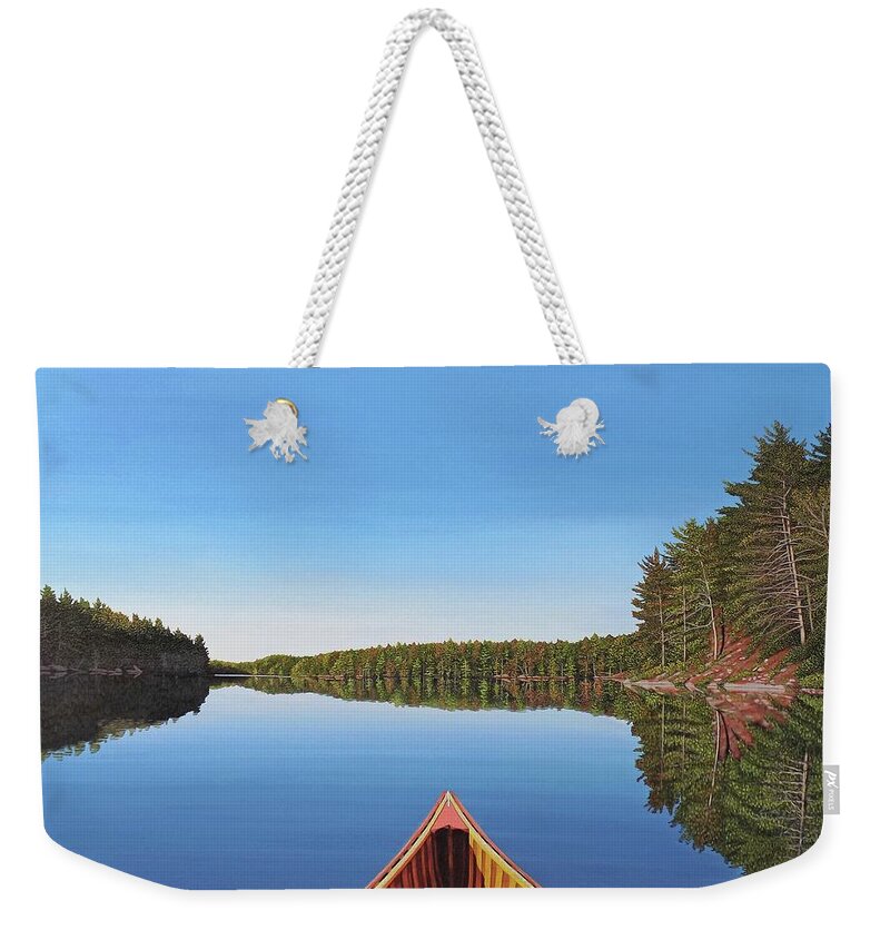 Spider Lake Weekender Tote Bag featuring the painting Spider Lake Paddle by Kenneth M Kirsch