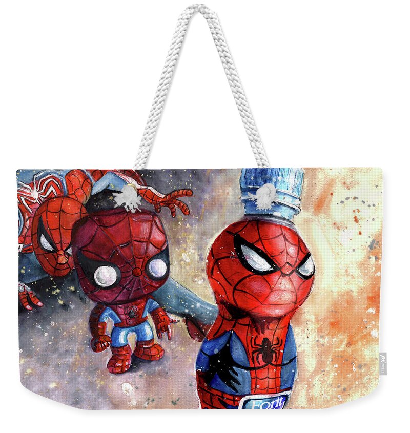 Spiderman Weekender Tote Bag featuring the painting Spidermen On The March by Miki De Goodaboom